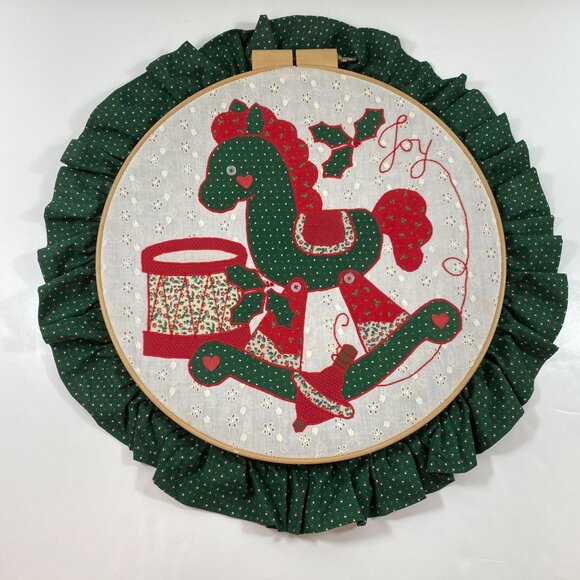 Handmade Christmas Rocking Horse Joy Drum Ruffled Edge Wall Art Embroidery Hoop - Picture 1 of 12